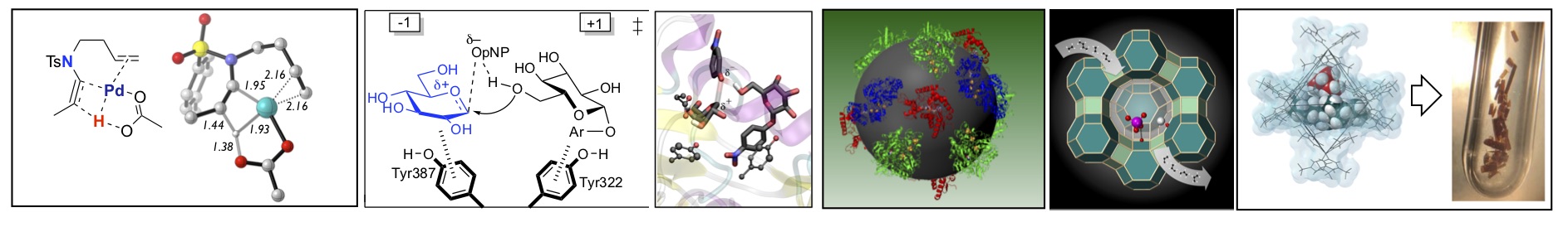 Photo highlighting the many area of catalysis undertaken in the Department: organometallic, organic, bio-organic, material, and solid state