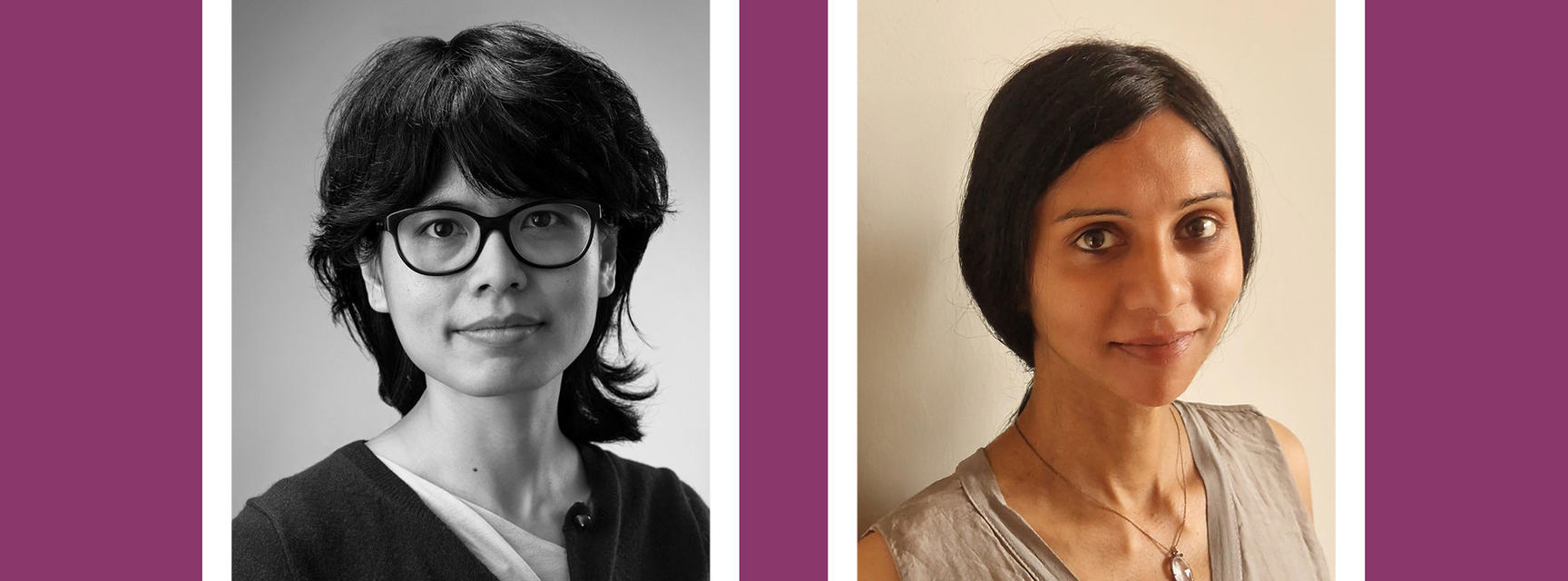 Headshot photographs of Profs Yimon Aye and Madhavi Krishnan on a purple background