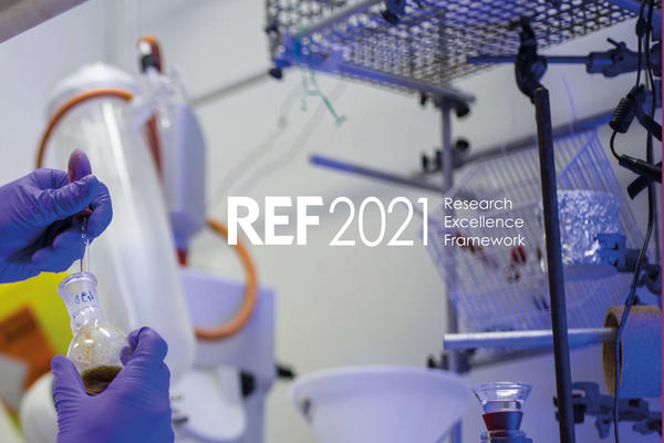 Scientist at work with REF 2021 logo overlaid.