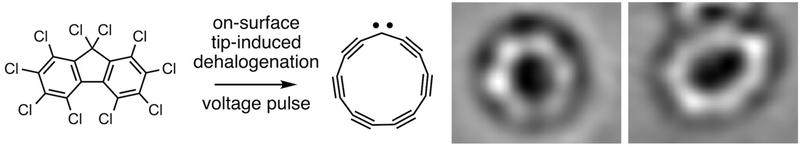 Left: Reaction used to synthesise cyclo[13]carbon. Right: AFM images of molecules of cyclo[13]carbon adsorbed on NaCl. (From Science article.)
