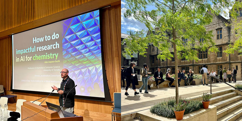 Two images from the Faraday Discussions meeting on Data-Driven Chemistry held in Oxford: a speaker in front of a presentation on "How to do impactful research in AI for chemistry", and delegates outside at Trinity College.