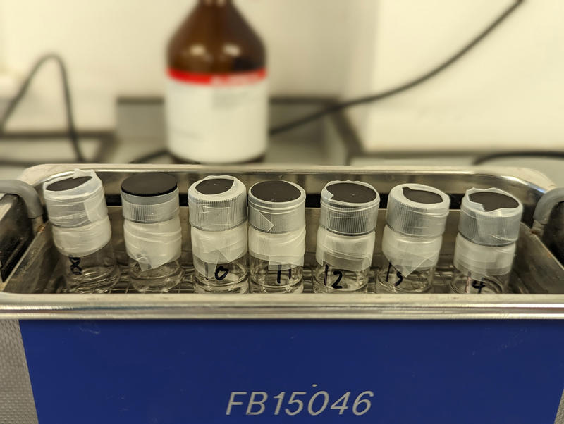 This shows a series of samples dissolving in a sonicater. We only had a small amount of time on the instrument and I thought they all looked cute together in their little bath