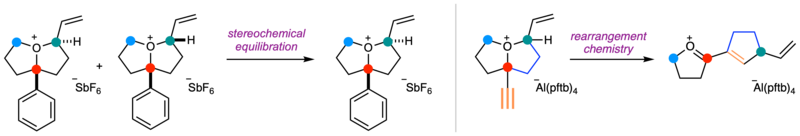 Equilibration and rearrangement chemistry of two of the synthesised oxonium ions.