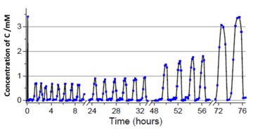 The concentration of C oscillates in time on the scale of hours or days, responds to the amount of oxidant supplied (H2O2) and shows repeated micelle growth and decay, as visualised by chromatographic analysis and scattering microscopy (iSCAT).