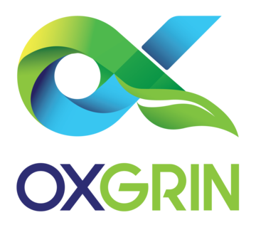 oxgrin logo - blue and green text, with an OX logo