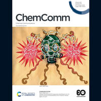 A cover of Chemical Communications, with an illustration showing a chemical warfare molecule simulant binding to a host molecule.